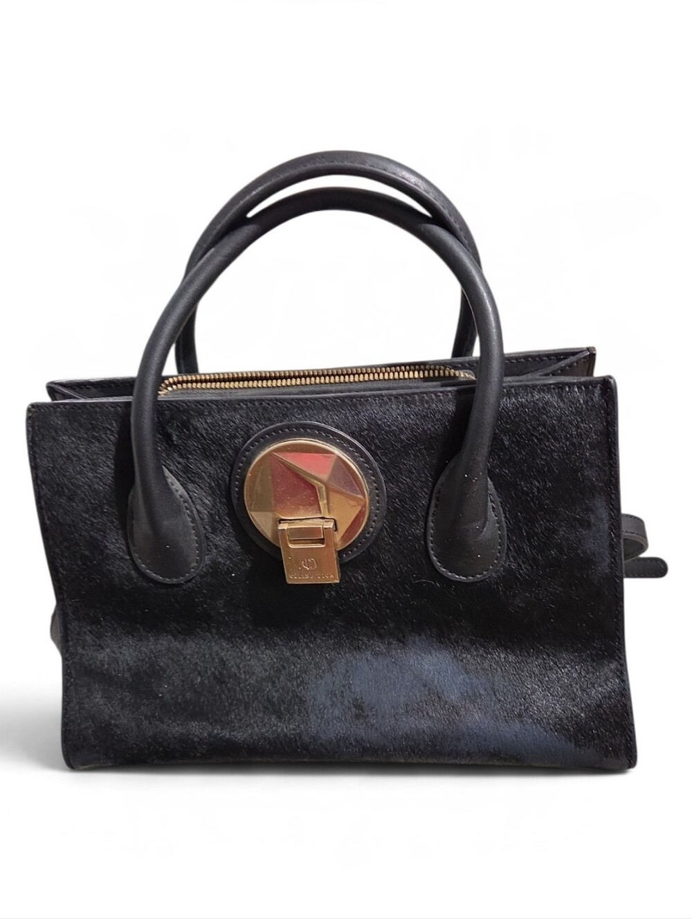 Celine Dion Collection SCH5055 Black Leather Satchel Handbag Gold Hardware